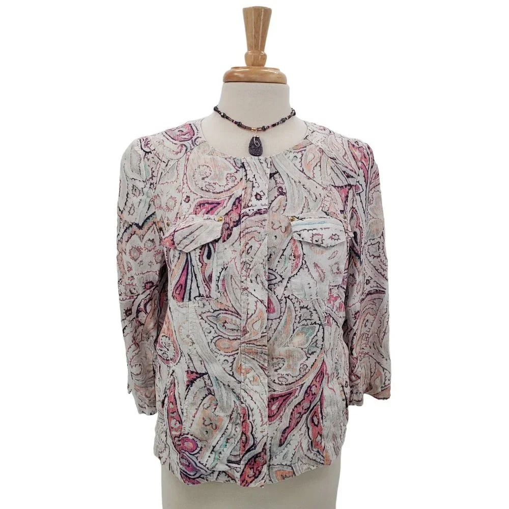 Chico's Womens Paisley Print Zip Up Linen‎ Jacket Size 1 (M) 3/4 Sleeve Career